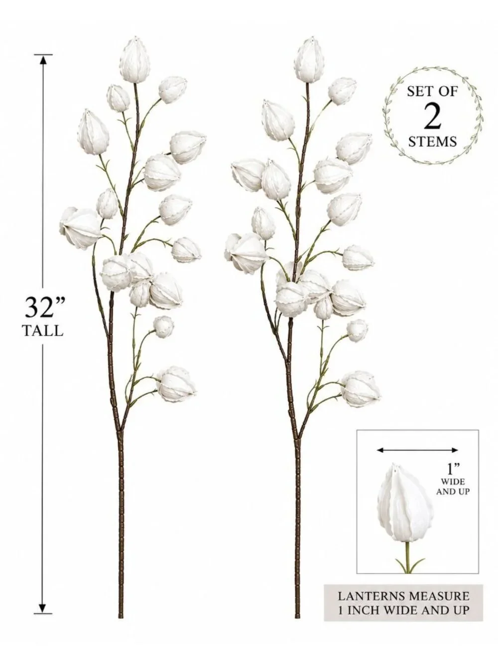Chinese Lantern Stems White 32 Inch Tall Decorative Botanical Branches Set of 2